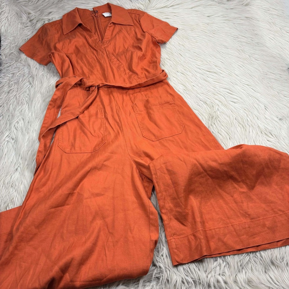 Anthropologie Maeve 10P Orange Colette Wrap Culotte Jumpsuit Belt Wide Leg Retro